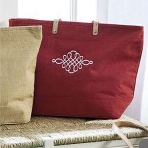 Ballard Designs Red Woven Jute Embroidered Leather Strap Zip Closure Large Tote‎